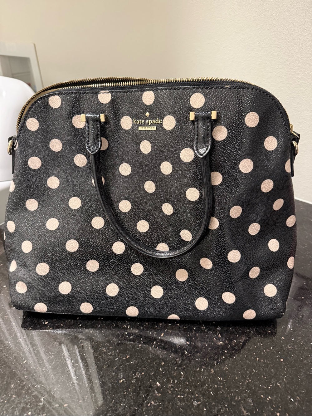 Kate Spade Dome Satchel in Black and Ivory Polka Dot